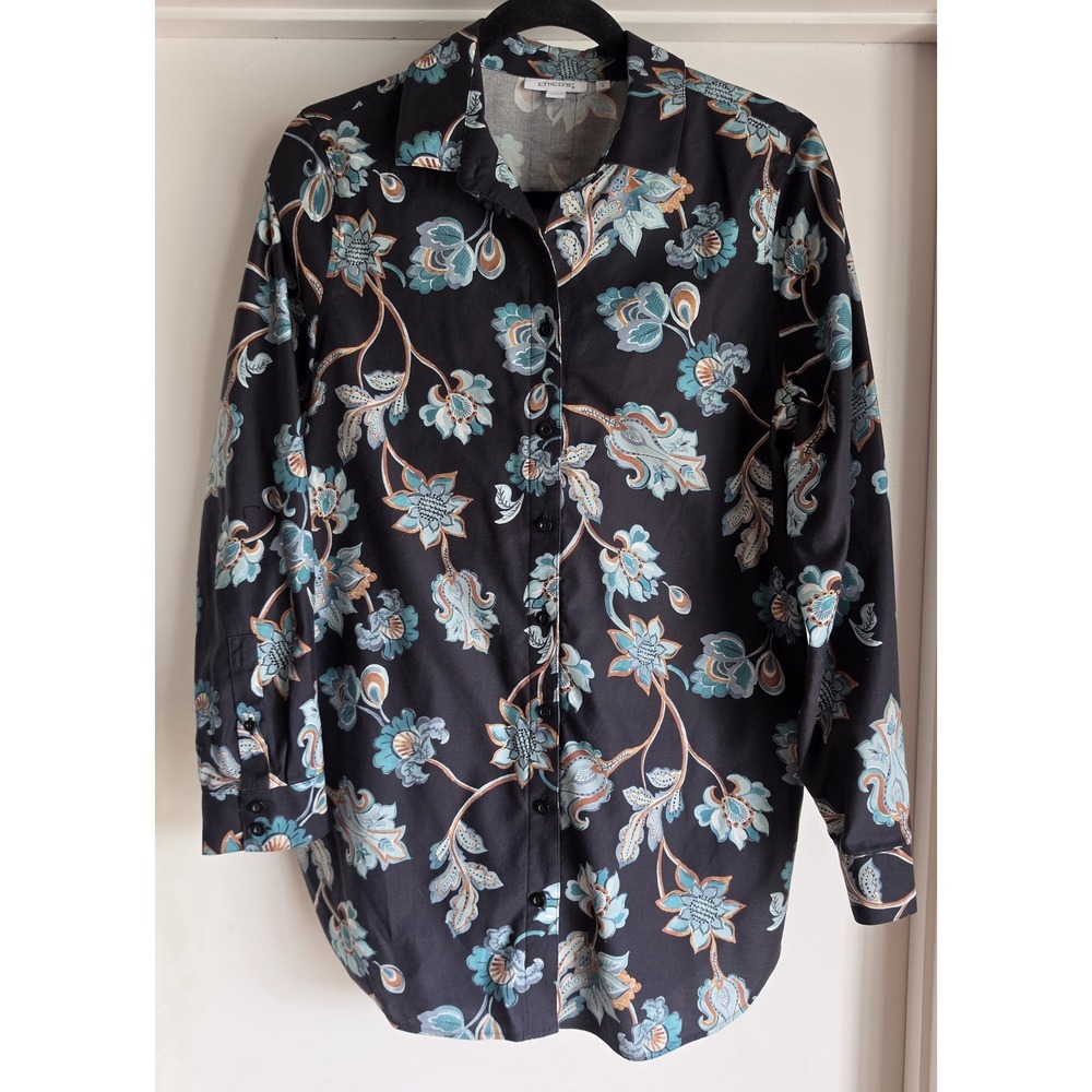Chico's Button Down Shirt Size 1 Floral Long Sleeve Collared Black Blue Teal